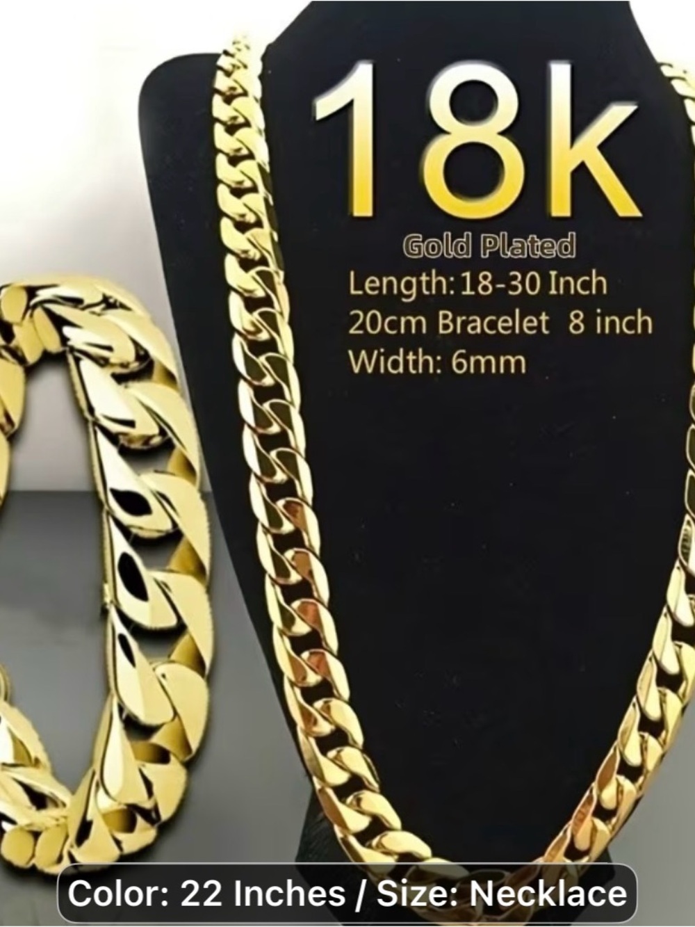 18k Gold Plated Cuban Chain Necklace - 22 Inch